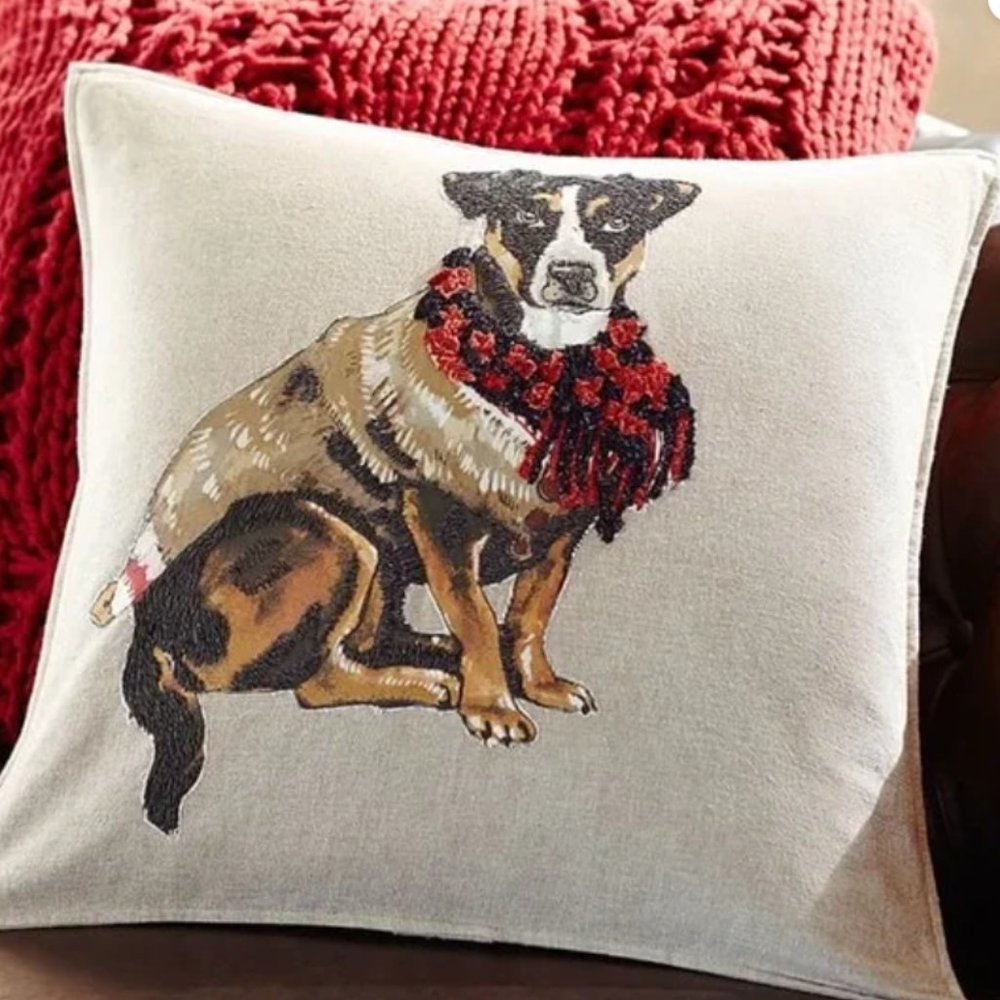Pottery Barn Throw Pillow Cover Painted & Embroidered Terrier Tan 20 x 20"
